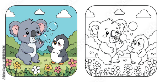 Cute cartoon koala blowing soap bubbles and baby penguin playing in flower garden vector illustration; happy friends having fun in nature park with blue sky.
