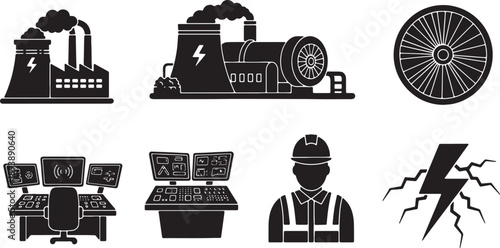 5 Black Solid Waste-to-Energy Silhouettes Set on White Background