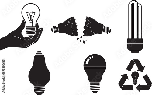 6 Black Solid Lightbulb Recycling Silhouettes Set on White Background