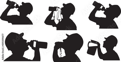 5 Black Solid Workers Drinking Water Silhouettes Set on White Background