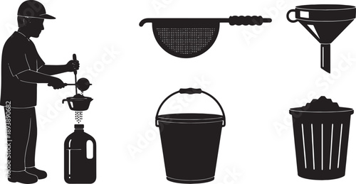 6 Black Solid Liquid Solid Separation Silhouettes Set on White Background