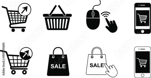 Black and white shopping including carts bags and phones shopping cart shopping bag sale smartphone