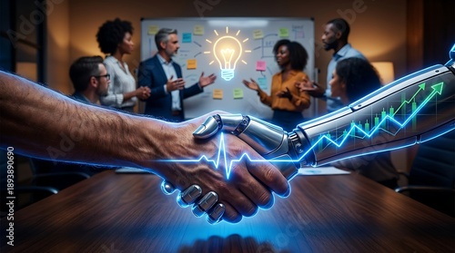 Human and robotic hand shaking with glowing blue lines and lightbulb idea