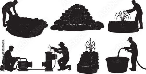 5 Black Solid Pond Installer Silhouettes Set on White Background
