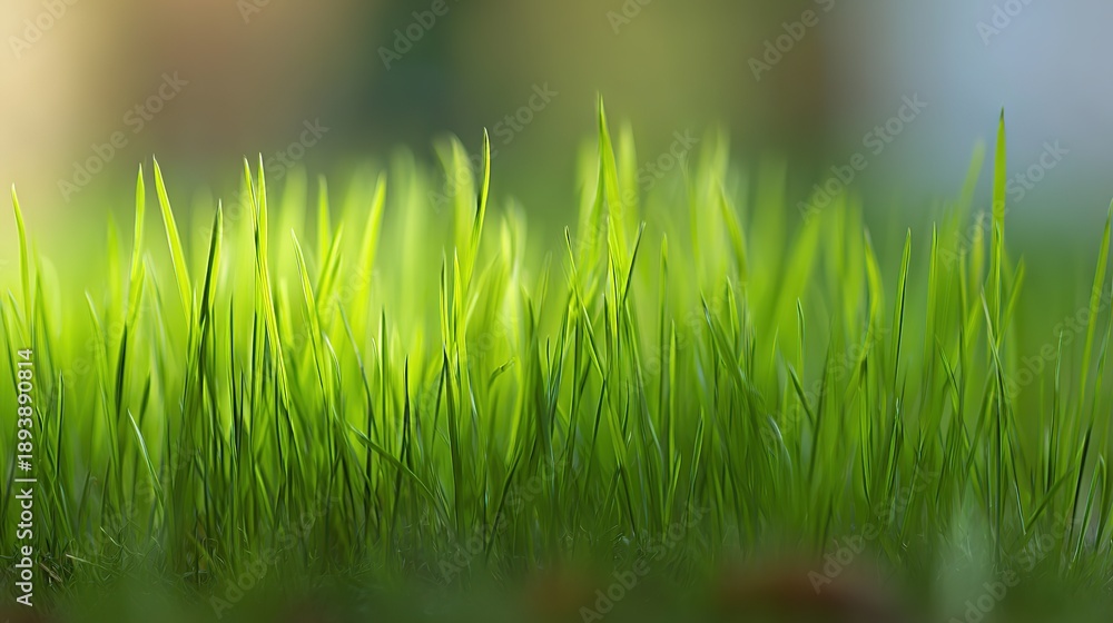 Obraz premium shallow. Fresh spring grass blades highlighted by sunlight with a soft, blurred effect. travel magazines, destination branding, designed for outdoor magazines and nature guides.