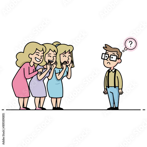 Three women gossiping and laughing at a confused man.