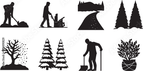 5 Black Solid Winter Landscaper Silhouettes Set on White Background