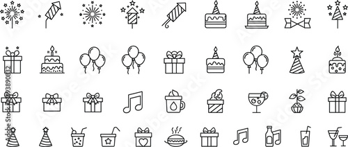 Black line of birthday party and symbols black line birthday party celebration gifts cakes