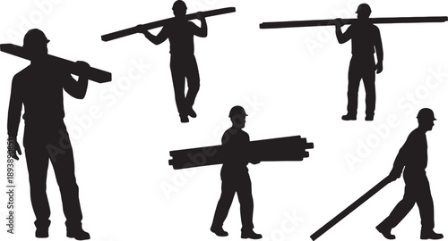 5 Black Solid Workers Carrying Wood Planks Silhouettes Set on White Background