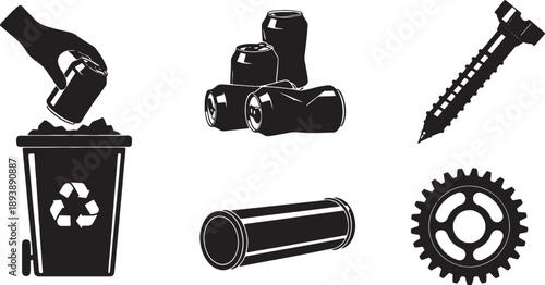5 Black Solid Metal Recycling Silhouettes Set on White Background