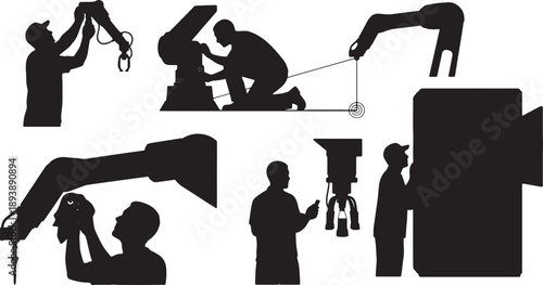 5 Black Solid Silhouettes of Dairy Robot Techs