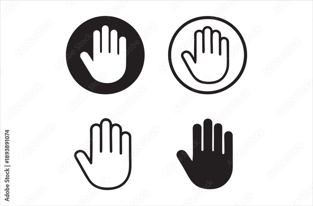 Obraz premium Four distinct black and white hand symbols depicting stopping and open palm gestures
