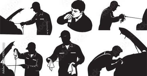 5 Black Solid Workers Checking Oil Levels Silhouettes Set on White Background