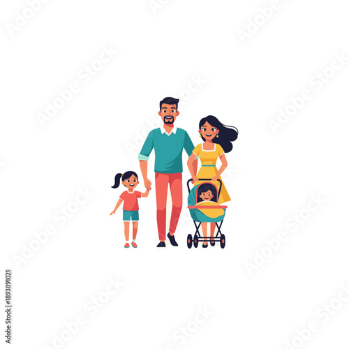 Happy family with two children, a girl and a baby in a stroller, enjoying a walk together.