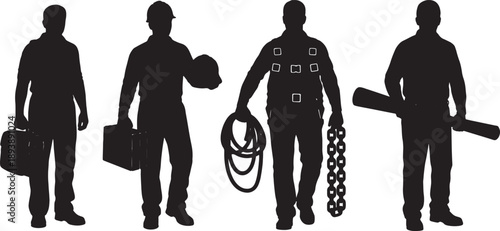 5 Black Solid Crane Operator Carrying Gear Silhouettes Set on White Background