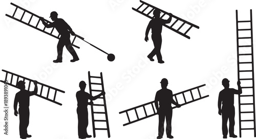 5 Black Solid Operator Carrying Ladder Silhouettes Set on White Background