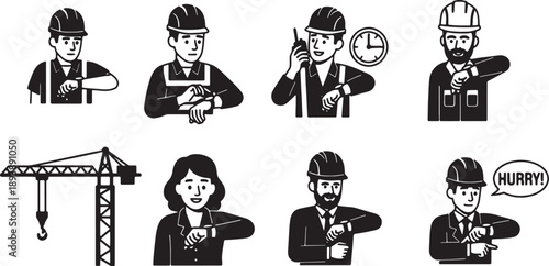 6 Black Solid Operator Checking Time Silhouettes Set on White Background