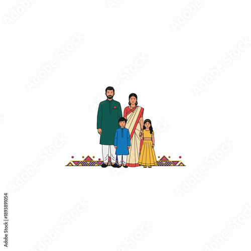 Indian family in traditional attire standing together on a decorative rug.