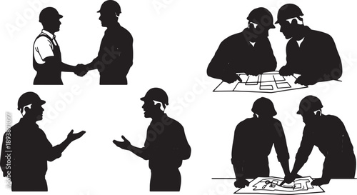5 Black Solid Operator Foreman Meeting Silhouettes Set on White Background
