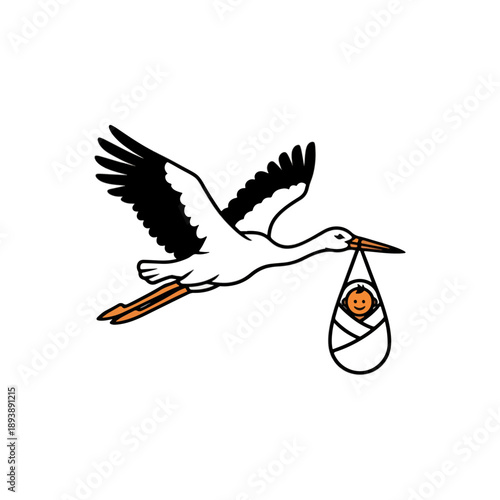 Stork delivering baby in flight, symbolizing new life and birth.