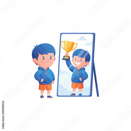 Cartoon Boy Holding Trophy in Mirror Reflection.