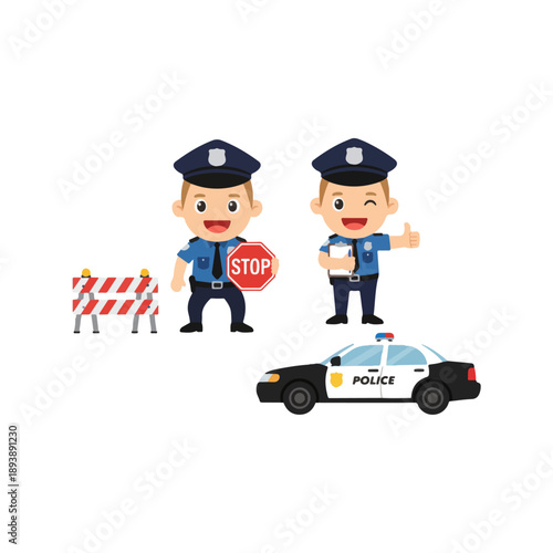 Two cartoon police officers with a police car and traffic barriers on a white background.