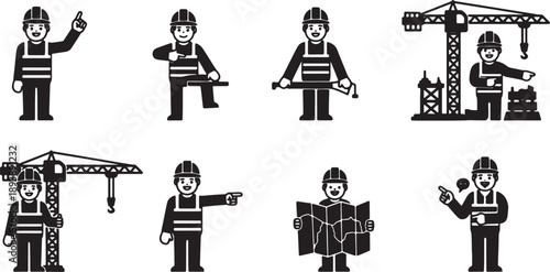 6 Black Solid Operator Pointing Gesture Silhouettes Set on White Background