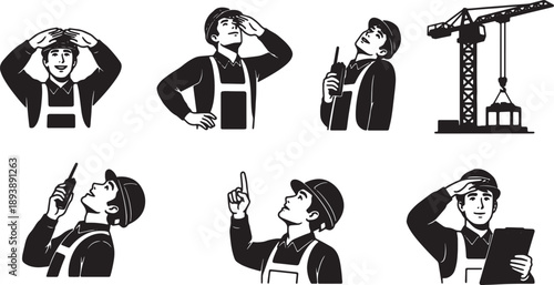 6 Black Solid Operator Looking Up Silhouettes Set on White Background