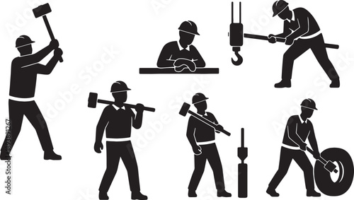 6 Black Solid Operator Sledgehammer Use Silhouettes Set on White Background