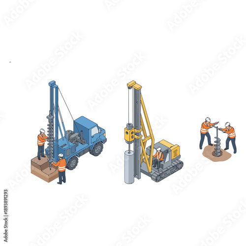 Construction workers operating drilling rigs and manual augers for ground investigation.