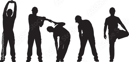 5 Black Solid Crane Operator Stretching Silhouettes Set on White Background