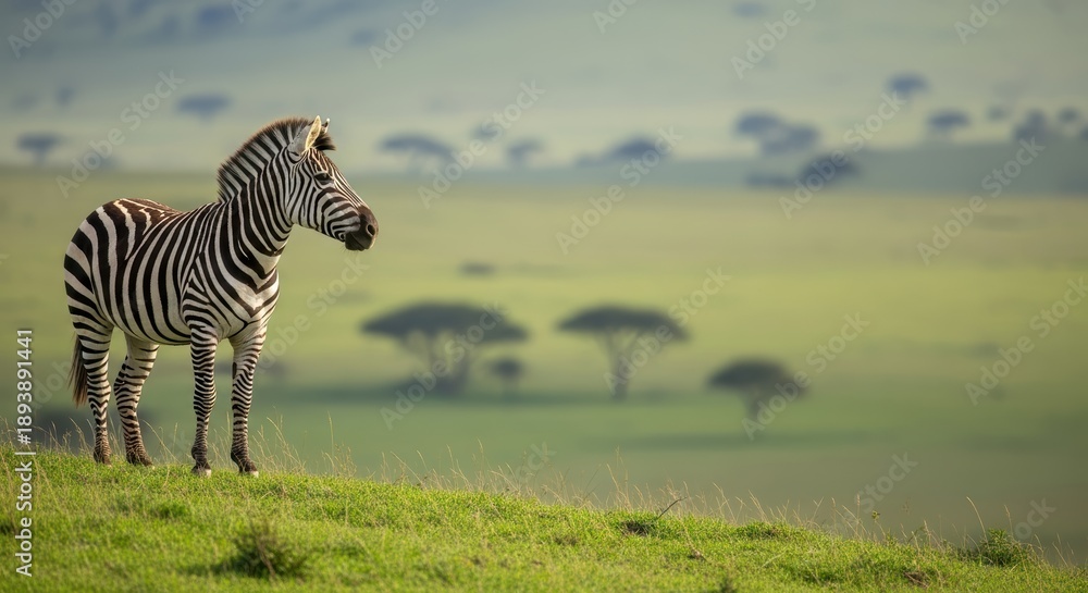 Fototapeta premium Zebra Standing on a Grassy African Savannah Hill