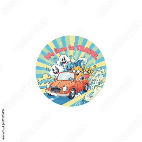 Cartoon car with happy characters driving on a road trip adventure.