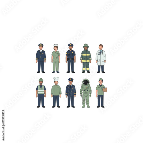 Diverse Group of Professionals Representing Various Essential Occupations.