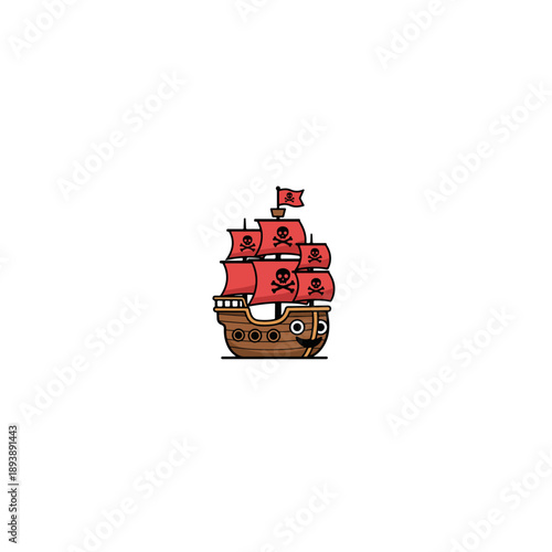 Cartoon Pirate Ship with Red Sails and Skull and Crossbones Flag.