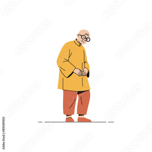Elderly man with glasses standing, looking down, in a simple, flat illustration style.