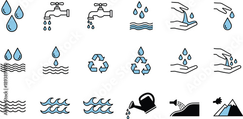 Blue water droplets with black outlines