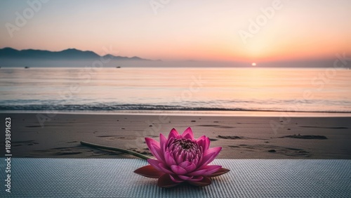 Pink water lily on a yoga mat by the beach at sunrise