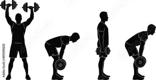 Collection, of, black, silhouettes, featuring, a, male, bodybuilder, performing, various, weightlifting, exercises, with, dumbbells, for, fitness, gym, and, bodybuilding, design.