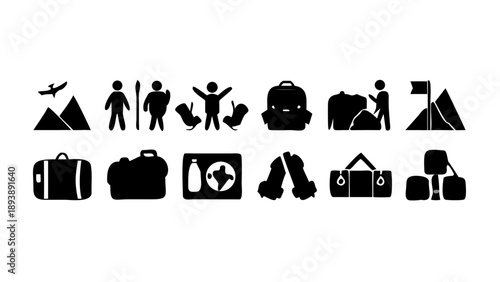 A flat vector icon sheet of travel and outdoor adventure gear. Featuring silhouettes of backpacks, compasses, tents, mountain peaks, cameras, and luggage. Solid black shapes, minimalist travel theme, 