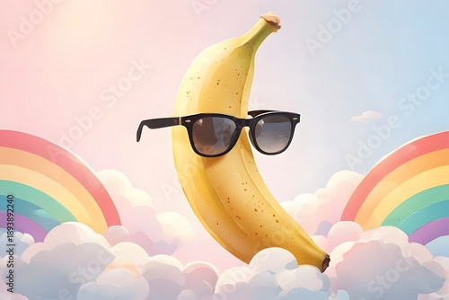 Whimsical banana wearing sunglasses floating in a pastel sky with dreamy rainbow clouds, surreal and fun concept.