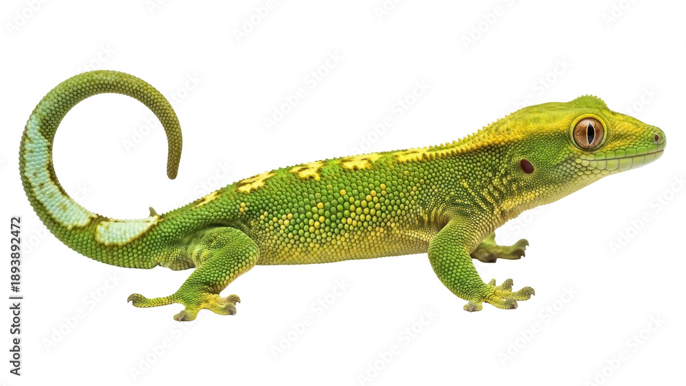 Fototapeta premium Isolated Green Gecko Lizard on a Bright Studio, New Caledonian Crested Gecko, Reptile Portrait