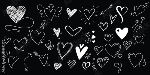 hand drawn heart doodle collection in white on black background, sketch style love symbols illustration set with chalk brush effect, hand drawn heart shapes doodle