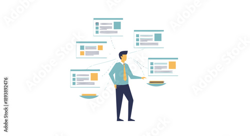 Vector illustration of a man interacting with digital interface elements