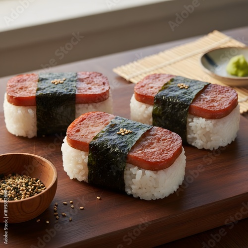 Spam Musubi on Wooden Board with Sesame Seeds and Wasabi