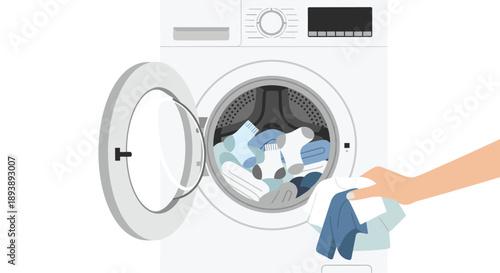 Hand Taking Out Clean Laundry from Open White Washing Machine Illustration