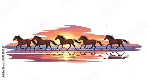 Group of Brown Horses Galloping on Beach at Sunset with Sea Reflections