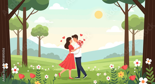 Romantic couple kissing in flower meadow illustration