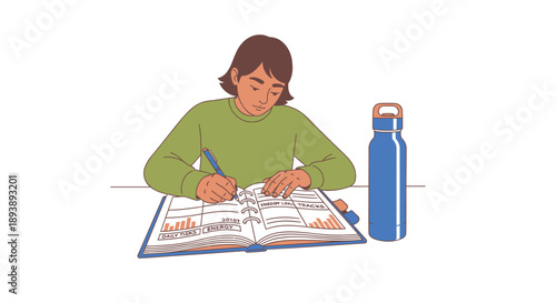 Vector illustration of a student studying with a book and water bottle