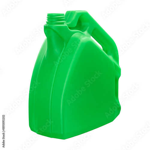 Empty green plastic canister for technical fluids - motor oil, antifreeze, etc.